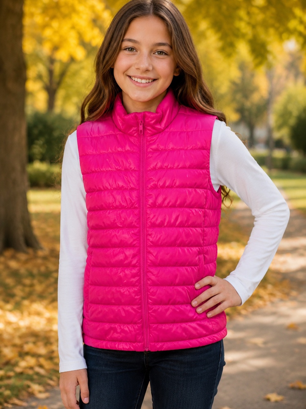 H&M Sport Girls 10-12Y Hot Pink Quilted Puffer Vest Full Zip Lightweight